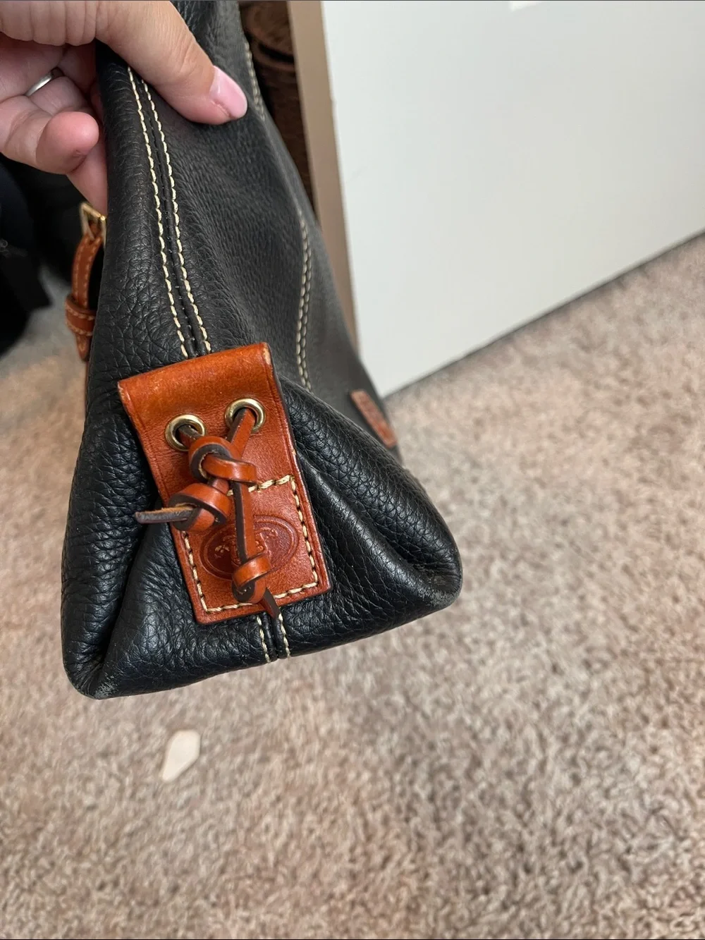 Dooney & Bourke Black Leather Shoulder Bag with Brown Trim
